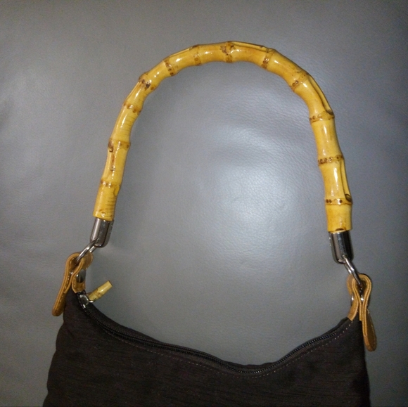 Silky Brown Satchel Purse with Bamboo Top Handle - Picture 8 of 10